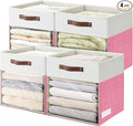 Storage Cubes, 4 Pack Linen Foldable Storage Bins (13 x 13 inch) with Clear Window and Handles, Fabric Organizer for Shelf Closet, Clothes, Books - (Pink and White)