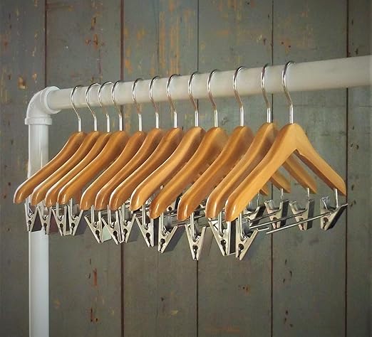 NAHANCO MINI6RC12 Deluxe Flat Wooden Pet, Doll Clothes, Accessory, Jewelry Hanger with Chrome Hook Ball end with Clips, 6", Natural (Pack of 12), Natural Finish