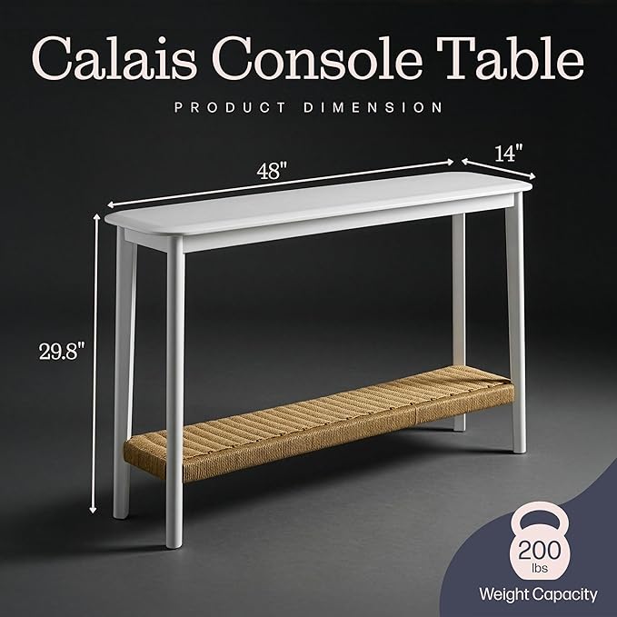 Alaterre Furniture Calais Console Table - 48 Inch 2-Tier Entry Table with Storage Shelf - Wooden Entryway Furniture for Living Room, Hallway, or Foyer - Behind The Couch Living Room Furniture (White)