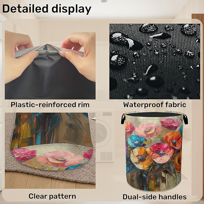 Modern Floral Oil Painting Laundry Basket - Heavy Duty 60L Dirty Clothes Organizer, Water Resistant Foldable Hamper for Men Women
