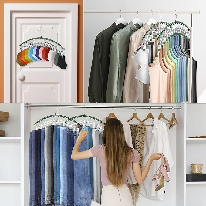 3 Pack Legging Organizer for Closet Hanging, Pants Hangers with Clips Holds 45 Leggings, Shorts, Skirts, Jeans, Hats, Pants Hangers Space Saving Clothes Racks Closet Organizers and Storage, Green