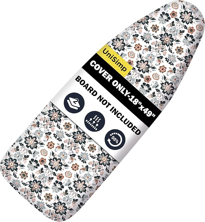 Ironing Board Cover and Pad 18"x49" Extra Thick Natural Cotton,Scorch and Stain Resistant Iron Board Cover,Wide Ironing Board Cover with Fasteners Heavy Duty Heatproof Elastic Edge Floral