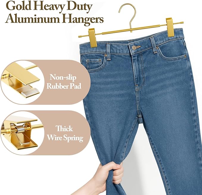 Matte Gold Aluminum Pants Hangers 10 Pack, Lightweight Skirt Hangers with 360°Swivel Hooks and Non-Slip Adjustable Clips for Trousers, Skirts, Jeans, Kids & Adults, Durable, Space-Saving