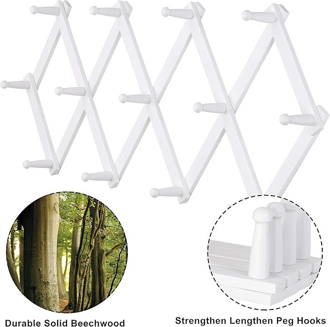 Dseap Accordian Wall Hanger: 16” High Wooden Wall Expandable Coat Rack, Hat Rack Holder, Accordion Hook for Baseball Caps, Coats, Mugs, 13 Peg Hooks, White
