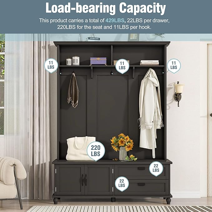 80.3” Tall Hall Tree with Cabinet and 2 Large Drawers, Modern Wooden Coat Hanger with 5 Coat Hooks and 2 Open Shelfs, Storage Bench, Entryway Bench (Black-Storage Cabinet)