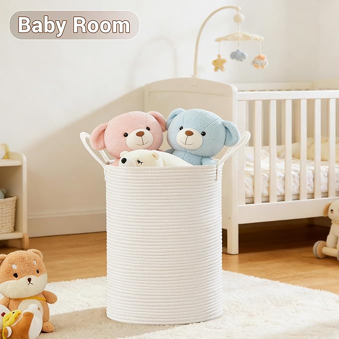 Tall Laundry Basket with Handles, 58L Portable Dirty Clothes Hamper, Boho Cotton Rope Storage Bin for Blankets Kids Toys Gifts, Decorative Organizer for Baby Nursery Bedroom Bathroom, White