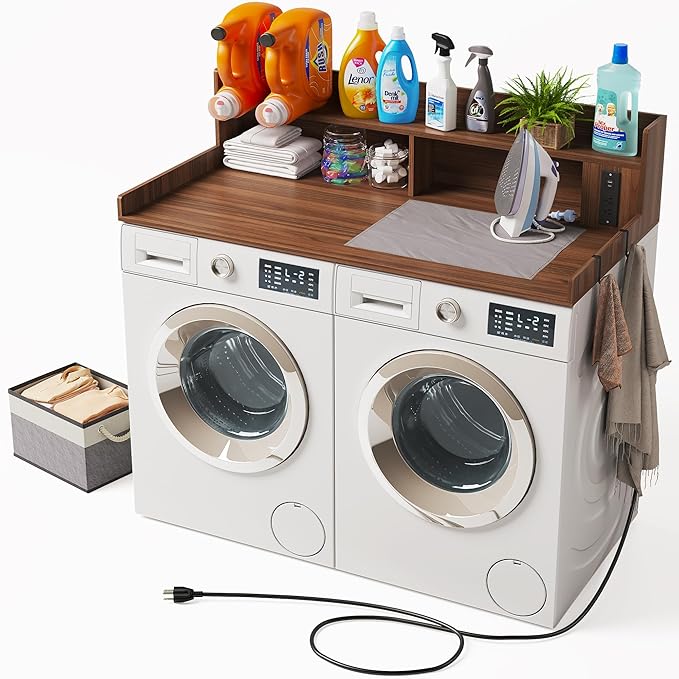 Upgraded 2-Tier Washer and Dryer Countertop with Power Outlet,54" W x 27.6" D Large Laundry Countertop for Fold Clothes, Laundry Topper with Non-Slip Pads & Metal Hooks and Storage Basket