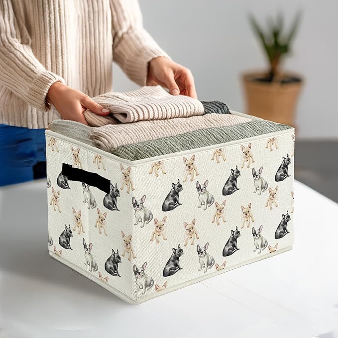 French Bulldog Dog Storage Bins & Boxes with Handles, Frenchie Dog Foldable Basket for Organizing, French Bulldog Gifts Collapsible Storage Basket for Bedroom Room Bathroom Clothes Toys Books