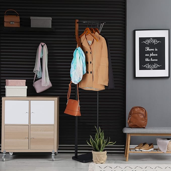 Relaxdays Coat Stand Metal and Wood Modern 3 Hooks & Clothes Rail, Height x Width x Depth: 173 x 30 x 25 cm, Black/Brown, 70% Steel 30%, 1 Item