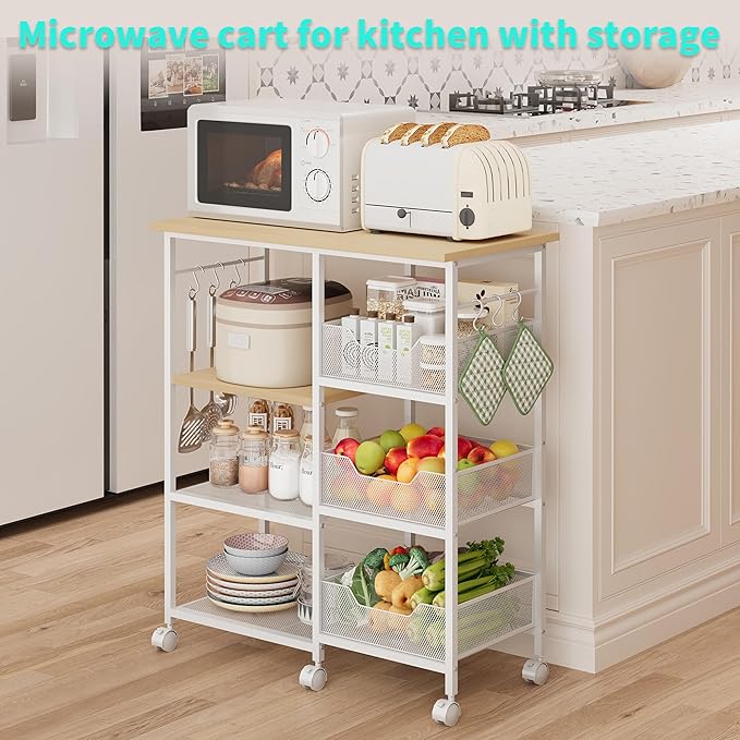 HapiRm Rolling Kitchen Carts with Storage - Microwave Table Stand with 6 Hooks & 3 Baskets, kitchen Island Cart on Lockable Wheels, 28.3" L × 14.6" W Bakers Rack Cart for Dining Room Coffee Bar Office