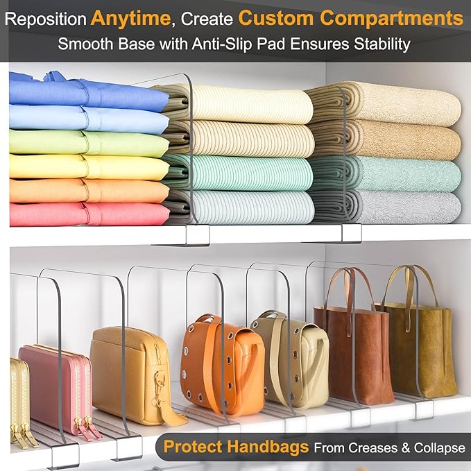 OKPOW Shelf Dividers for Closet Organization: 8" Tall X 12" Deep, Acrylic Clear Sturdy Separators for Clothes Purse, Adjustable, Removable, Easy to Install, Storage for Wood Cabinet Housewife, 8 Pack