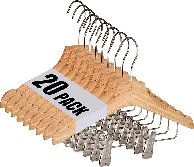Natural 12.7" Ultra-Thin Wooden Children Closet Clothes Clips Hangers 20PCS Wood Baby Kids Coat Hangers for Infant Toddler Newborn Jumpsuit Pants Skirts Jeans Space Saving Heavy Duty Durable