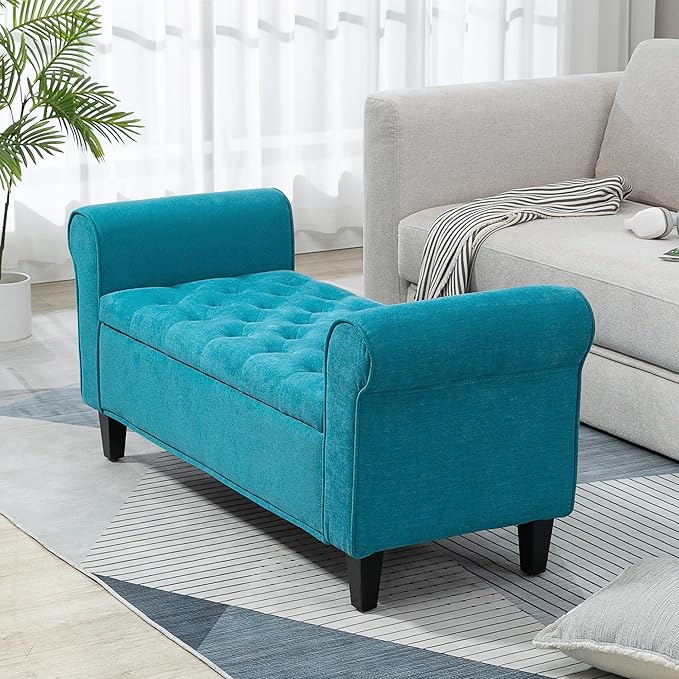 HOMCOM 50" Storage Ottoman Bench, Upholstered End of Bed Bench with Rolled Arms, Wood Legs, Button Tufted Storage Bench with Safety Hinges for Living Room, Entryway, Bedroom, Teal