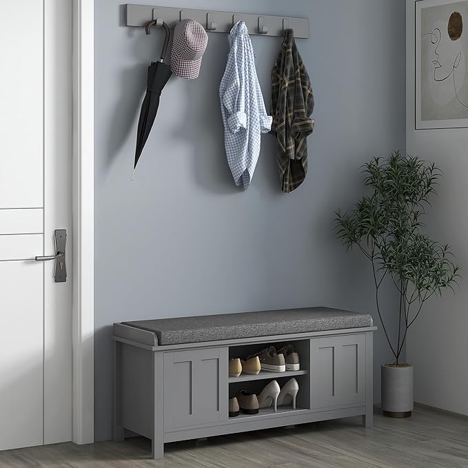 HOMCOM Entryway Shoe Bench Storage Ottoman with Sliding Doors, Adjustable Shelving, 6 Compartments, and Padded Seat, Holds 10 Pairs, Gray