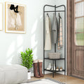 Tangkula Corner Coat Rack with Storage, Simple Hall Tree with Hanging Rod & 2 Mesh Shelves, Anti-toppling Devices, Freestanding Metal Clothes Rack Shoes Shelf Organizer for Entryway Bedroom (Black)