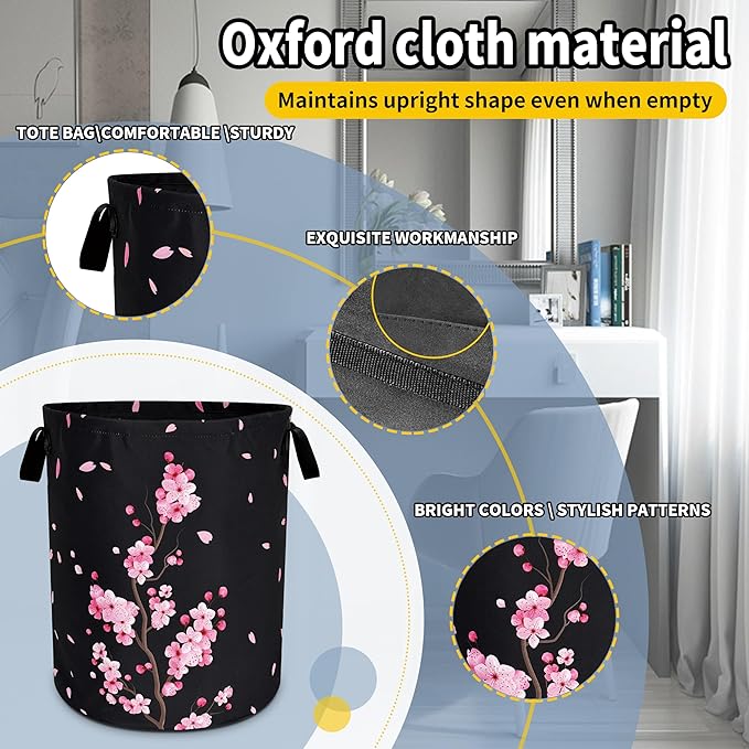 Pink Cherry Blossoms Laundry Basket Flowers Foldable Oxford Cloth Funny Tote Bag Laundry Hamper Clothes Storage Bucket Toy Organizer For Bathroom/Laundry Storage/Bedroom 18.9x16.5 Inch