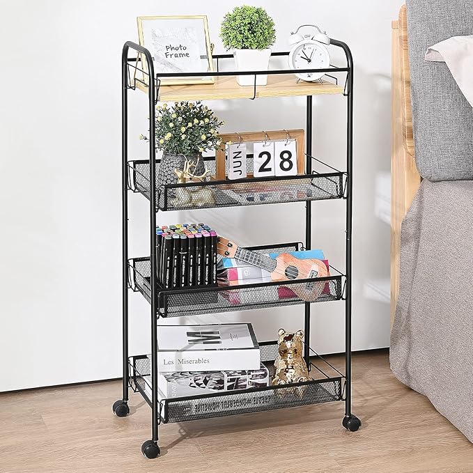 KINGRACK 4-Tier Rolling Cart,Metal Utility Cart with Wooden Tabletop,Easy Assemble Mobile Storage Trolley On Wheels,Craft Storage (Black)