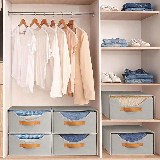 6 Pcs 16.5" Closet Drawers and Large Size Clothes Storage Bins Push-Out Storage Stackable Shelf Drawers with See-Through Window Closet Organizers for Bedroom, Living Room, Under Bed, Grey