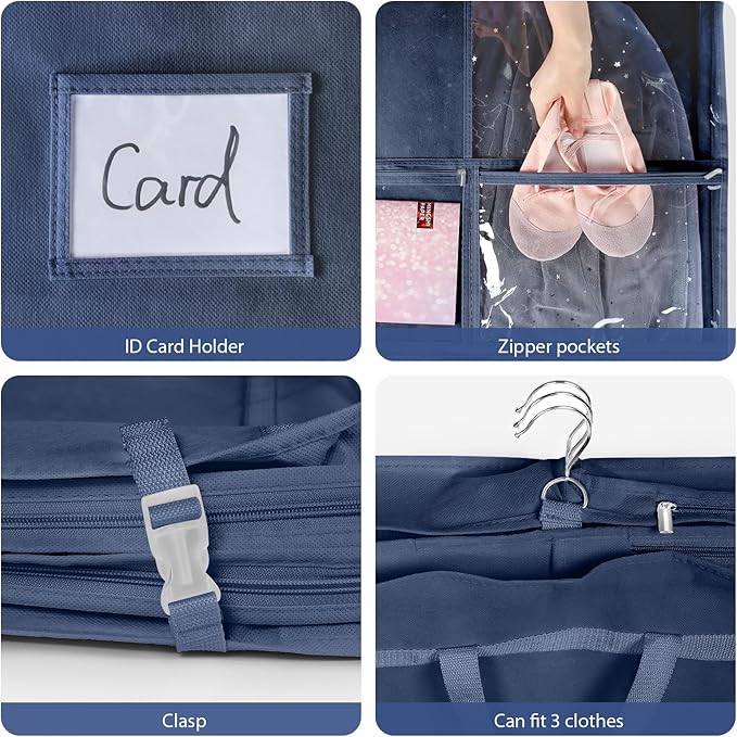 Univivi Garment Bags for Dance Costumes 40 Inch Dance Costume Garment Bag for Girls, 3 Medium Clear Zipper Pockets and 2 Back Zippered Pocket, with 1 xPendant, 3 x Badge (Navy Blue)