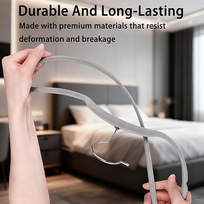 Velvet Hangers 50 Pack, Non Slip Clothes Hanger Felt Hanger with Pants Bar, Premium Quality Slim Space Saving Suit Hangers for Closet Organizer, Heavy Duty Coat Hanger, 360° Rotating Hook(Gray)