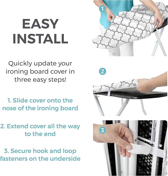 HOME GENIE Ironing Board Cover, Extra Thick Padding, Scorch Resistant Silicone Coating, 15x54 Elastic Edge Heavy Duty Iron Pad Covers Standard Boards, Hook and Loop Fastener Strap, Quatrefoil Gray
