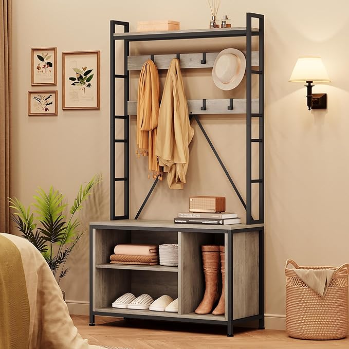 Industrial Hall Tree with Shoe Bench & Coat Rack - 8 Hooks, Storage Shelf & Hanging Bar for Entryway, Grey Wood Look Accent Furniture