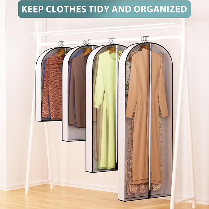 60” Garment Bags for Hanging Clothes 4” Gusseted - with Clear Window, Breathable Fabric, Metal Zipper, Suit Coat Long Dress Protector for Clothes Closet storage, Season Off, Moving, 5 Pack