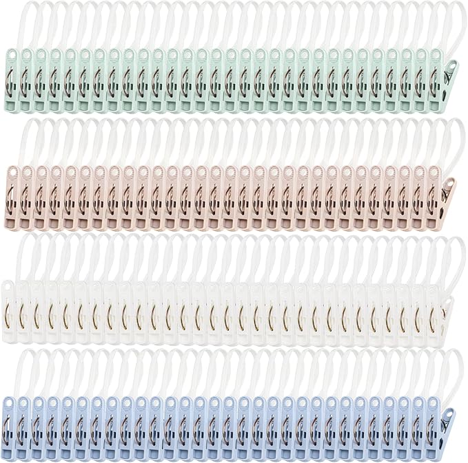 Frcctre 120 Pack Plastic Clothes Pins, Multi-Purpose Plastic Hanging Clips with Rope, Windproof Laundry Hooks Hanger Clips Clothespins Clothes Peg for Hanging Clothes Hat Towel Sock Gloves Photos