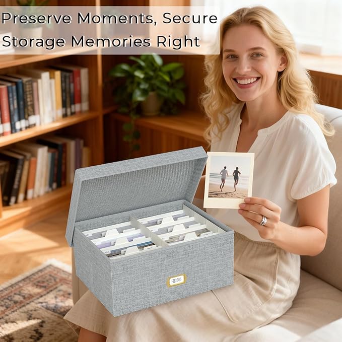 Decorative Photo Storage Box - Linen Photo Box Organizer with Dividers, Fits Holds Up to 1700 Pictures and 5x7 Photos, Memory Keepsake Organizer for Photos, Scrapbook Supplies, Cards, Stamps (Grey)