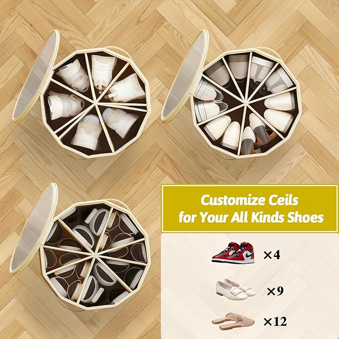 Shoe Organizer Round for Closet - Foldable Shoe Storage Bin with Clear Lid, Compact Zapateras Sandals Tall Boots Organizer Box for Mudroom Small Spaces Under Bed - 16.9"×13"