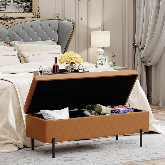 Andeworld Storage Bench, Faux Leather Modern Bedroom Bench, Upholstered Tufted Large Settee Ottoman with Storage Bench for Bedroom,Living Room,Entryway,Brown