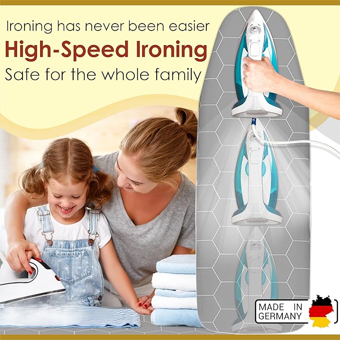 Ironing Board Cover and Pad 15x54 - Made in Germany Iron Board Cover with Heat Reflective Aluminum Coating and Padding- Heavy Duty Iron Board Cotton Cover with Elastic Drawstring Stretch Fit
