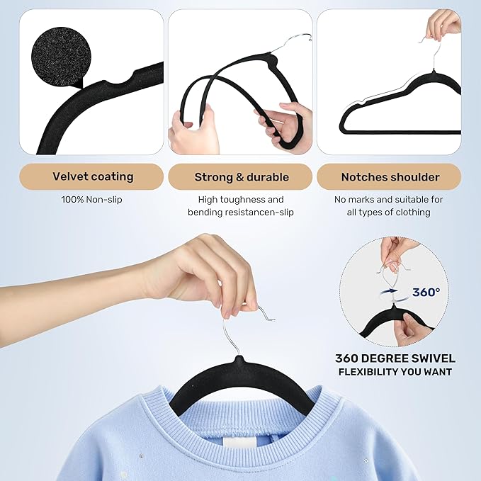 YSSOA 50 Pack Velvet Hangers, Heavy Duty Coat Hangers with 360° Swivel Hooks, Non-Slip Clothes Hangers with Shoulder Notches, for Coat, Pants, Black