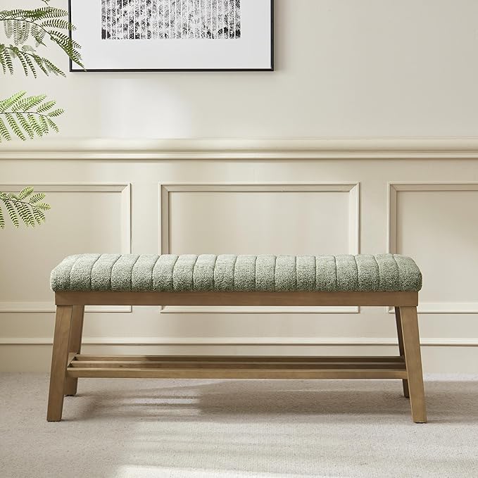 VKNOW Entryway Bench, 44.4" Upholstered Storage Shoe Bench for Entryway & Bedroom, Shoe Rack Bench with Rubberwood Legs, Modern End of Bed Bench for Living Room and Hallway, Green