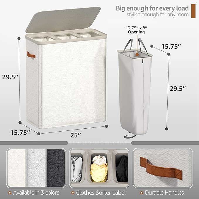 Sorbus Laundry Hamper with Lid - Collapsible 3-Compartment Fabric Laundry Basket with Handles and Removable Laundry Bag – 50 Gallon (190 L) Dirty Clothes Hamper for Bedroom, bathroom and dorm (Beige)