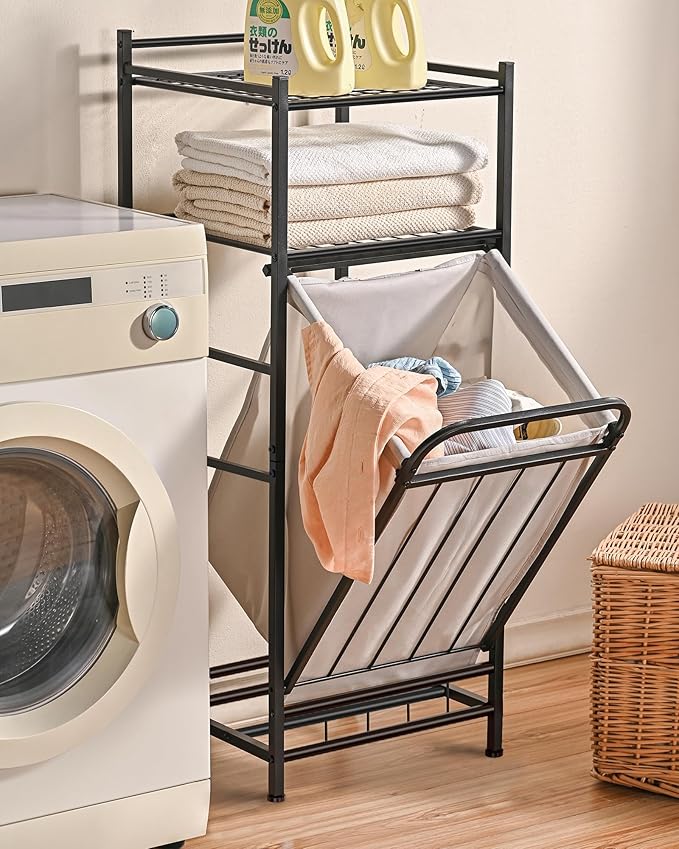 PLKOW Tilt Out Laundry Hamper with Shelf, Laundry Basket Laundry Hamper Cabinet with Removable Liner Bag, 65 Liter, 15.8L x 15.8W x 40H Inch