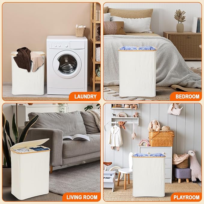 GARPROVM Double Laundry Hamper with Lid 150L Large Laundry Basket with Bamboo Handles Foldable Clothes Hampers with 2 Removable Liner Bags for Laundry for Bedroom Bathroom Dorm Laundry Room (Beige)