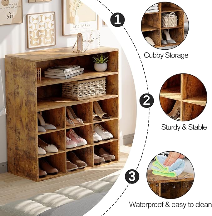 9-Cubby Shoe Rack with 2 Storage Shelf, 3-Tier Wood Shoe Organizer, Multifunctional Shoe Organizer Bench for Entryway, Mudroom, Hallway, Closet, Brown