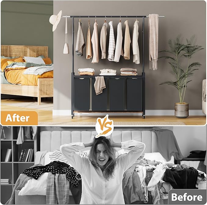 IDEALHOUSE Laundry Sorter 4 Section with Hanging Rack, Rolling Laundry Sorter Hamper with Shelf & Lockable Wheels,Laundry Basket Organizer for Laundry Room, Bedroom, Bathroom