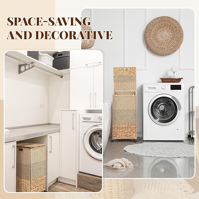 65 L Rolling Wicker Laundry Basket Laundry Hamper with Lid Decorative Woven Hamper with Washable Removable Liner Bags and Handles for Clothes Tricolor Natural Water Hyacinth(1 Sections)