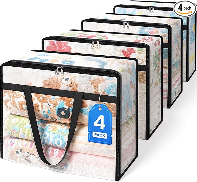 BlissTotes 4 Pack Clear Clothes Storage Bags, Moving Bags, Foldable Blanket Storage Under Bed Storage Containers with Sturdy Zipper and Handle for Clothing, Comforter, Bedding, Sheet (40L)
