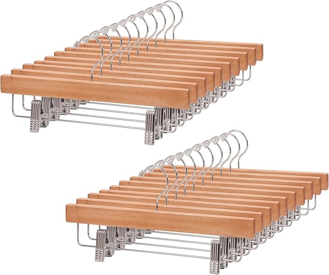 24 Pack Wooden Pants Hangers, Wood Skirt Trouser Hanger for Jeans, Slacks, Shorts with 2-Adjustable Clips Anti Rust Hook (Natural)-HL01NP24