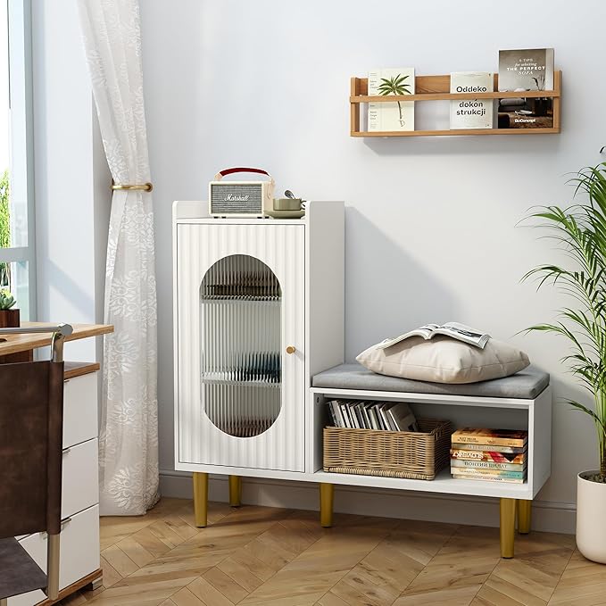 HLR Storage Bench Set of 2, White Modern Entryway Shoe Cabinet Bench with Glass Door&Shelf, L-Shaped Storage Cabinet with Padded Seat for Hallway, Bedroom, Living Room, Office
