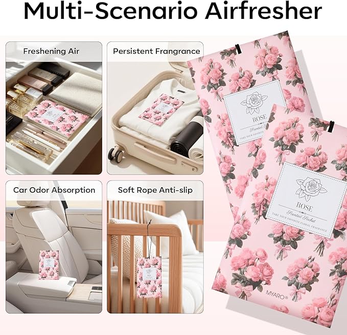 MYARO 20 Pack Rose Scented Sachets for Drawer, Closet & Car - Fresh Air Freshener Bags Home Fragrance, Odor Eliminator for New House Small Storage Space & Travel Luggage