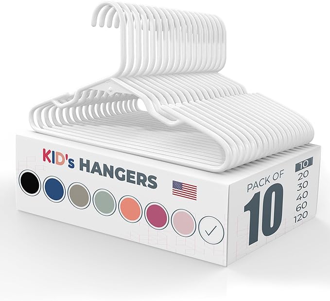 Neaties Plastic 12” Kids Hangers 10 Pack – Made in The USA – 5lb Capacity Baby & Toddler Clothes Hangers with Notches & Reinforced Edges – Fits Children’s Sizes Up to 8 – White