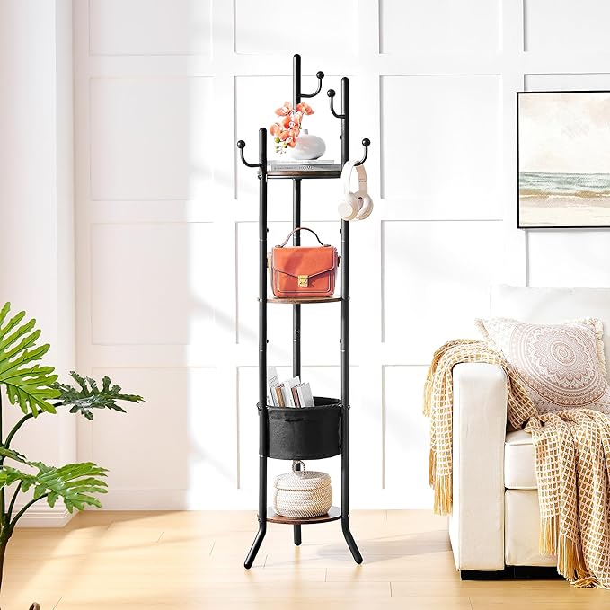 Hoctieon Coat Rack Freestanding, Round Coat Rack with 3 Wooden Shelves and 1 Fabric Basket, Metal Clothes Tree with 5 Hooks, Coat Hanger Stand for Clothes, Hats, Bags, Brown and Black