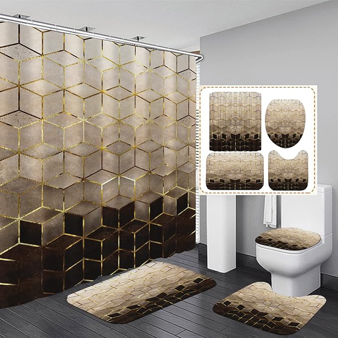 4Pcs Brown Gradient Shower Curtain Set, Modern Geometric Shower Curtain Set Golden Cubic Lines Bathroom Set Texture Art Bath Accessories with Mats