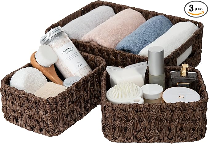 GRANNY SAYS Wicker Baskets for Organizing, Nesting Storage Baskets for Shelves, 1 Large and 2 Small Wicker Baskets Waterproof, Dark Brown, 3-Pack