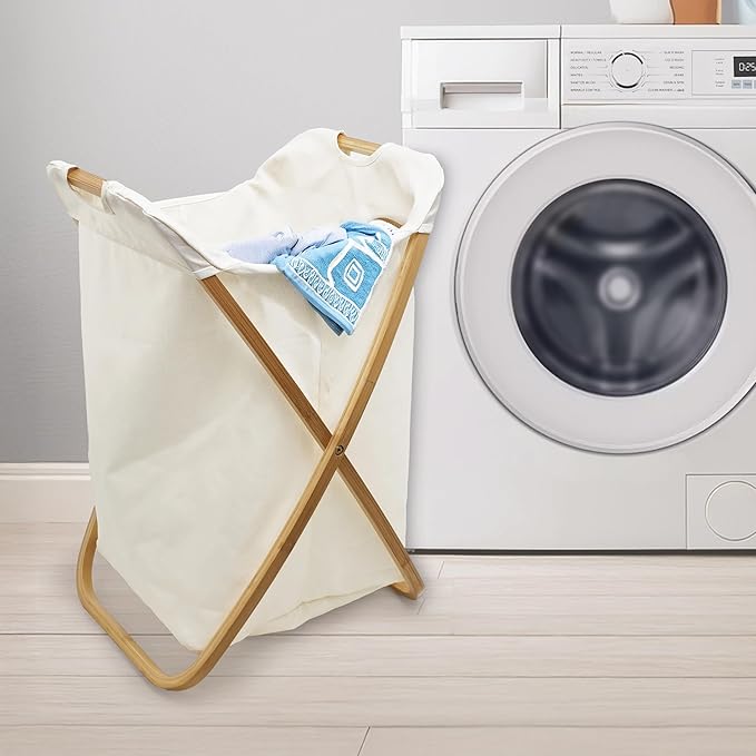 QUALIAZERO 72L Bamboo X-Frame Laundry Hamper – Foldable Single Section Clothes Basket with Removable Bag & Bottom Handle, Ideal for Bathroom, Bedroom, or Dorm (FEATHER CREAM, X-FRAME)