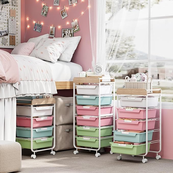 APEXCHASER 6-Drawer Plastic Organizers on Wheels,Rolling Storage Cart with Wooden Top, Mobile Drawer Unit for Classroom, Crafts, Art Supplies, and Home Organization,Colorful